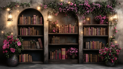 Whimsical Floral Bookshelf with Vintage Roses – illustration