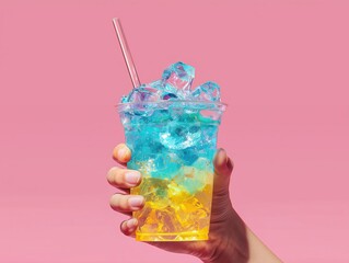 Hero shot of Hand holding a refreshing looking neon blue and yellow mixed transparent fizzy drink and with ice cubes in it, in a cup with clear straw in it and pink color background