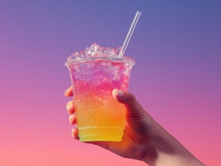Hero shot of Hand holding a refreshing looking neon duo color transparent fizzy drink and with ice cubes in it, in a  cup with clear straw in it and complimentary color gradient background --