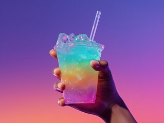 Hero shot of Hand holding a refreshing looking neon duo color transparent fizzy drink and with ice cubes in it, in a cup with clear straw in it and complimentary color gradient background, 