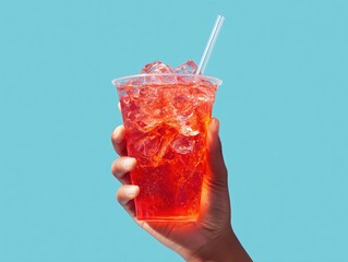 Hero shot of Hand holding a refreshing looking neon red transparent fizzy drink and with ice cubes in it, in a lidless see through plastic cup with clear straw in it and pastel blue background 