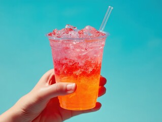 Hero shot of Hand holding a refreshing looking neon pink and orange mixed transparent fizzy drink and with ice cubes in it, in a plastic cup with clear straw  and light aquamariun color background