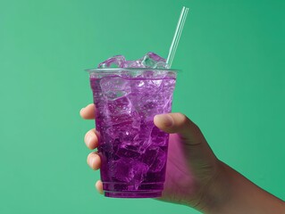 Hero shot of Hand holding a refreshing looking neon purple transparent fizzy drink and with ice cubes in it, in a lidless see through plastic cup with clear straw in it and light green background 