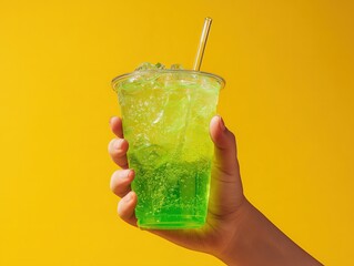 Hero shot of Hand holding a refreshing looking neon green transparent fizzy drink and with ice cubes in it, in a lidless see through plastic cup with clear straw in it and yellow background