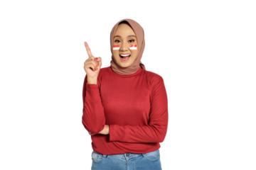 Excited young Asian woman having creative idea, pointing finger up at copy space isolated on transparent background. Indonesian independence day concept