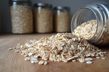 Oats on a wooden table, close-up photo of dry oak silo --no words, letters, fonts, text --ar 3:2 --v 6.1 Job ID: 65c8a9b6-78c9-4454-8e9e-4f0b7f9b4f40