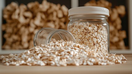 Oats on a wooden table, close-up photo of dry oak silos. Oatmeal spilling from a glass jar. --no words, letters, fonts, text --ar 16:9 --v 6.1 Job ID: 731851e4-8a1c-4e29-8d37-179c768755f7