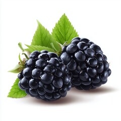two smooth cartoon blackberries on the cover of an advertisement white background, close-up, vector graphics, abstract fruit concept