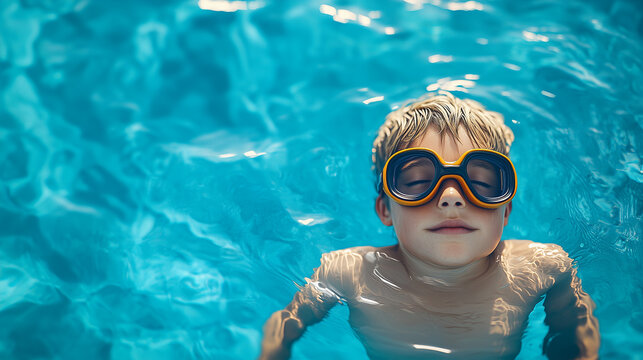Boy with goggles floating in cool blue swimming pool for relaxation and recreation activities
