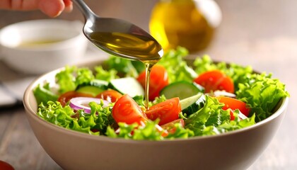 Salad dressing being poured over a fresh salad
