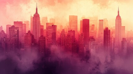 Misty city skyline, warm hues