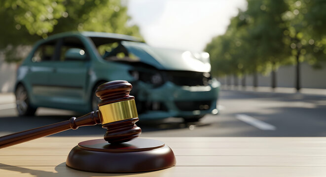 Personal Injury Law: Gavel and Crashed Car Representing Auto Accident Claims and Legal Action