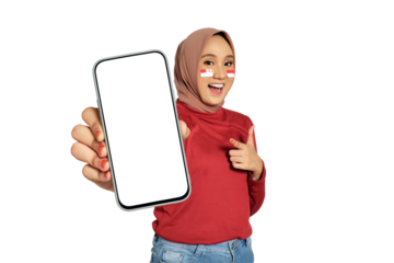 Excited young Asian women celebrate Indonesian independence day on 17 August while holding smartphone with blank screen isolated on transparent background
