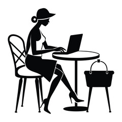 Silhouette of a stylish fashion girl with a laptop, seated in a cozy caf&eacute;. A modern blend of elegance, tech, and coffeehouse charm in a chic urban moment.
