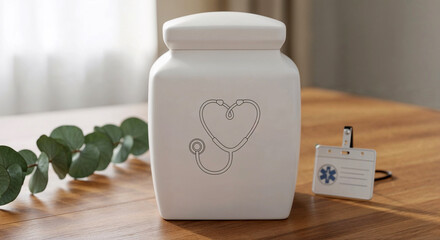 White cremation urn with fine line engraving of stethoscope heart design  