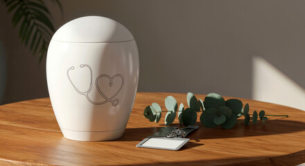 Doctor white urn with stethoscope heart design on wooden table  