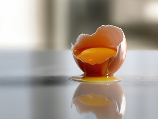 Broken eggshell with yolk spilling on a smooth surface in bright natural light