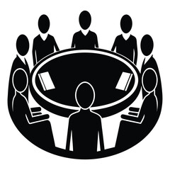 Silhouette icon of people gathered around a round table, symbolizing teamwork, collaboration, and unity in decision-making or discussion settings.
