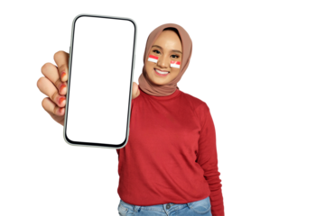 Happy young Asian women celebrate Indonesian independence day on 17 August while holding smartphone with blank screen isolated on transparent background