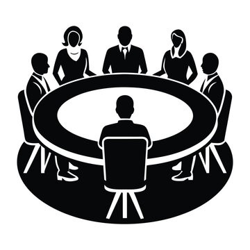 Silhouette icon of people gathered around a round table, symbolizing teamwork, collaboration, and unity in decision-making or discussion settings.
