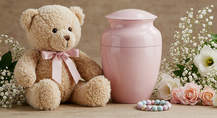 Pink cremation urn for young girl beside beige teddy bear with bow  