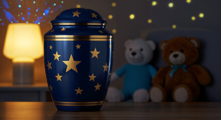 Deep navy-blue urn with engraved gold stars in childlike farewell theme  