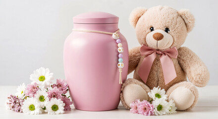Teddy bear sitting beside pink urn with a little girl beads on urn