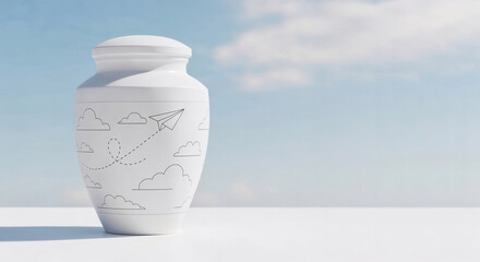 White urn with fine line illustration of paper airplane and clouds  