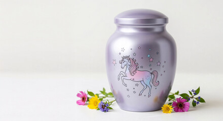 Purple urn with a horse design and flowers on white background  