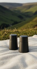 Minimalist salt and pepper shakers on a blanket with a green hillside backdrop