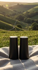 Minimalist salt and pepper shakers on a blanket with a scenic landscape backdrop