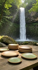 Plates on Rustic Table with Waterfall Backdrop, Serene Outdoor Dining Scene