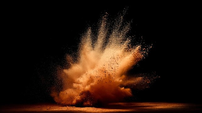 Dynamic brown powder suspended in mid-air against a deep black background, capturing movement.
