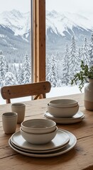 Rustic Dining Set with Snowy Mountain View
