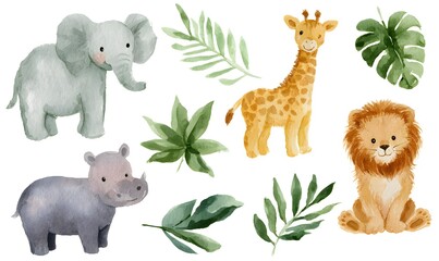Obraz premium Watercolor illustrations of cute baby jungle animals: an elephant, giraffe, lion, zebra, and monkey with a hippopotamus in the background, set against a white background with leaves. Generative AI