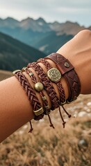 Rustic Leather Bracelets Adorn Wrist Against Mountainous Backdrop, Detailed Close-Up