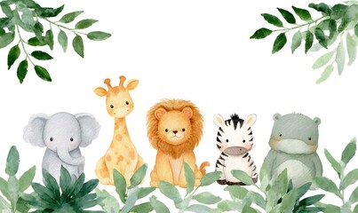 Obraz premium Watercolor illustrations of cute baby jungle animals: an elephant, giraffe, lion, zebra, and monkey with a hippopotamus in the background, set against a white background with leaves. Generative AI