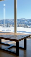 Rustic Wooden Table with Winter Landscape View Through Large Window