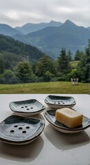 Soap Dishes with Mountain View: Serene Bathroom Scene with Natural Light