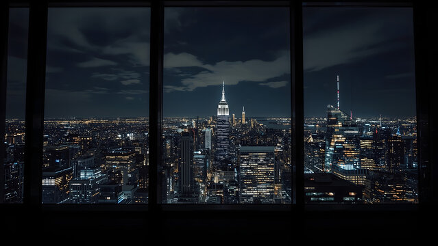 Fototapeta Night view of New York City skyline seen through a window from a high-rise building.
