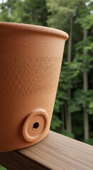 Textured Clay Pot with Drainage Hole on Wooden Deck, Forest Background