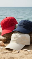 Three colorful baseball caps stacked on driftwood at the beach with ocean backdrop