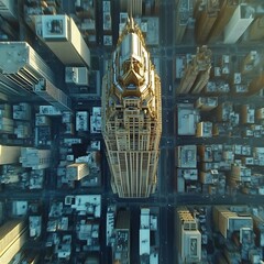 Aerial view of a modern city skyline with a prominent skyscraper