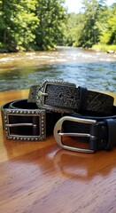 Three Stylish Leather Belts with Unique Buckles on a Wooden Surface Near River