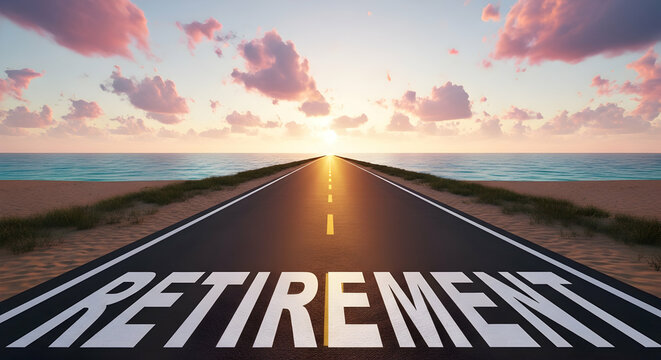 Retirement Road Leading to Sunset Over Ocean. Aspirational Path to Financial Freedom and Future.
