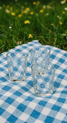 Three Textured Glasses on Blue Checkered Cloth in Sunny Outdoor Setting
