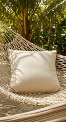 Tranquil hammock scene with a soft pillow and dappled sunlight filtering through palm leaves