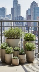 Urban balcony garden featuring potted plants against a city skyline backdrop