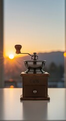 Vintage Coffee Grinder Silhouetted Against a Golden Sunrise, Serene Morning Light