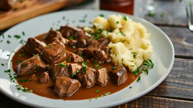 Beef stroganoff dish with gravy and mashed potatoes on white plate on wooden table